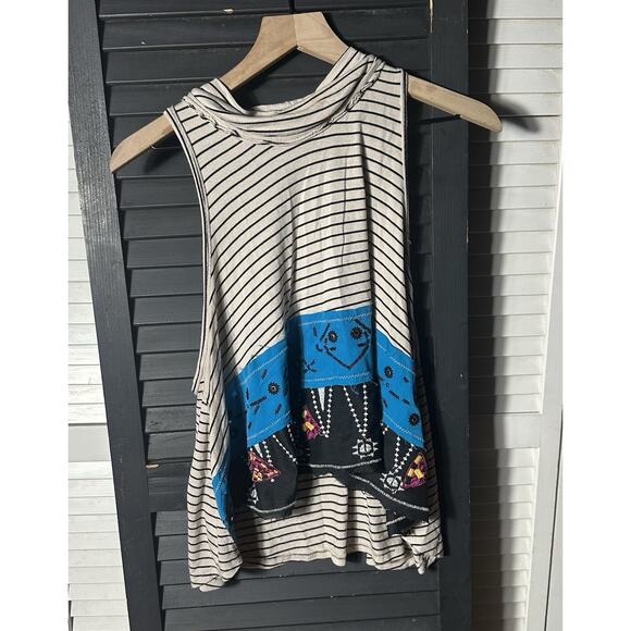 Free People Boho Mock Neck Embroidered Sleeveless Striped High Low XS Tank Top - Picture 1 of 6